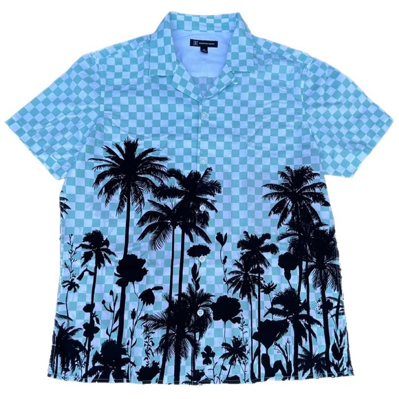 INC International Concepts Aqua Green Checkered Palm Trees Button Up T-shirt - Picture 1 of 8